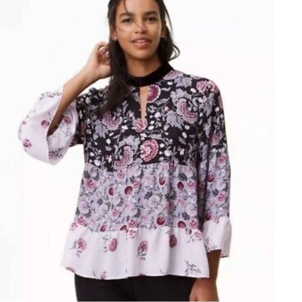 Loft Dahlia Garden Floral Keyhole Bell Sleeve Blouse